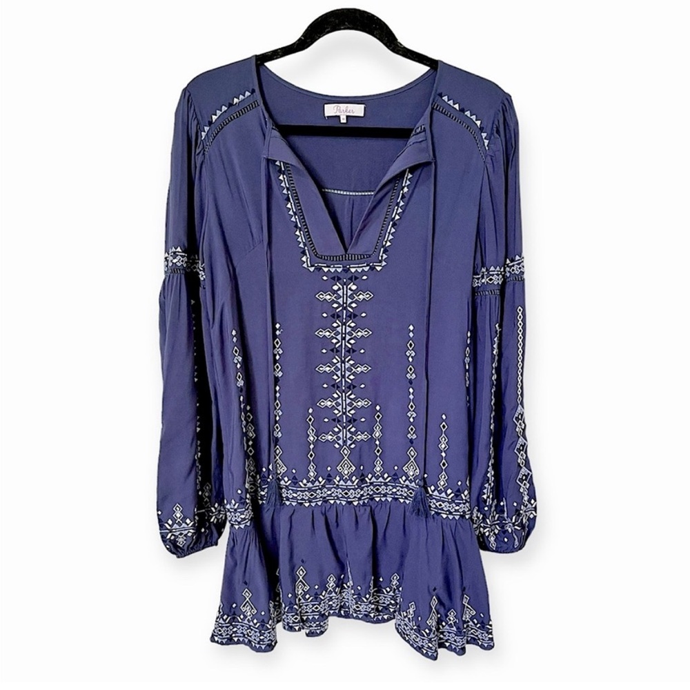NWOT Parker Aztec Embroidered Bohemian Tie Front Dress Blue size XSmall